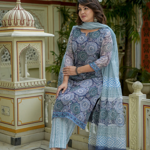Blue Printed Kurta Dupatta Set For Women - Image 6