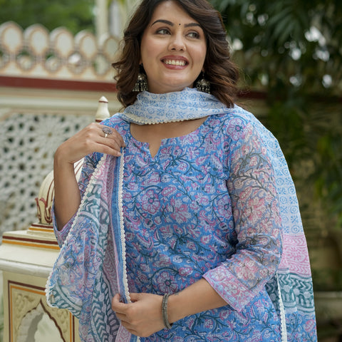 Blue Printed Straight Kurta Set for Women - Image 4