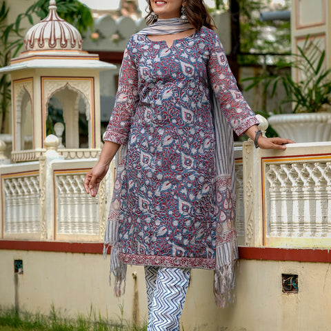 Blue Printed Straight Kurta Set for Women - Image 2