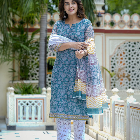 Blue Floral Print Straight Kurta Set for Women - Image 6