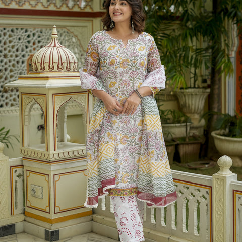 Off White Floral Print Straight Kurta Set for Women - Image 5