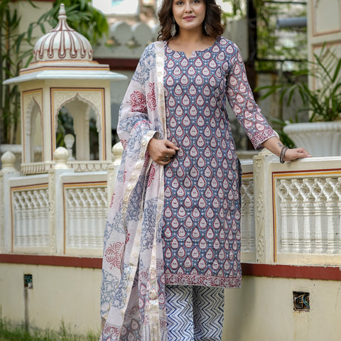 Grey Printed Straight Kurta Set for Women - Image 4
