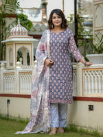 Grey Printed Straight Kurta Set for Women