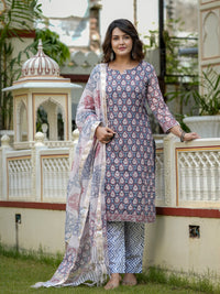 Grey Printed Straight Kurta Set for Women