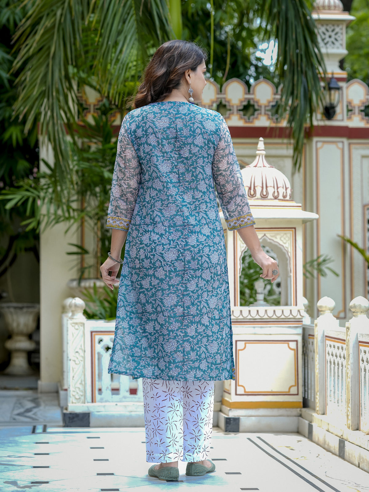 Blue Floral Print Straight Kurta Set for Women - Image 4