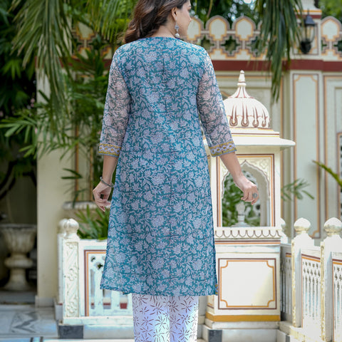Blue Floral Print Straight Kurta Set for Women - Image 4