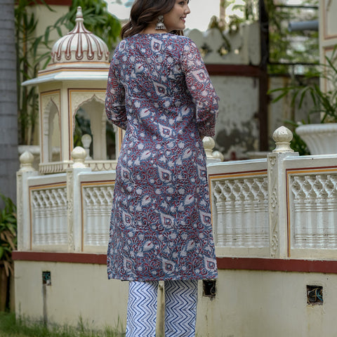 Blue Printed Straight Kurta Set for Women - Image 10