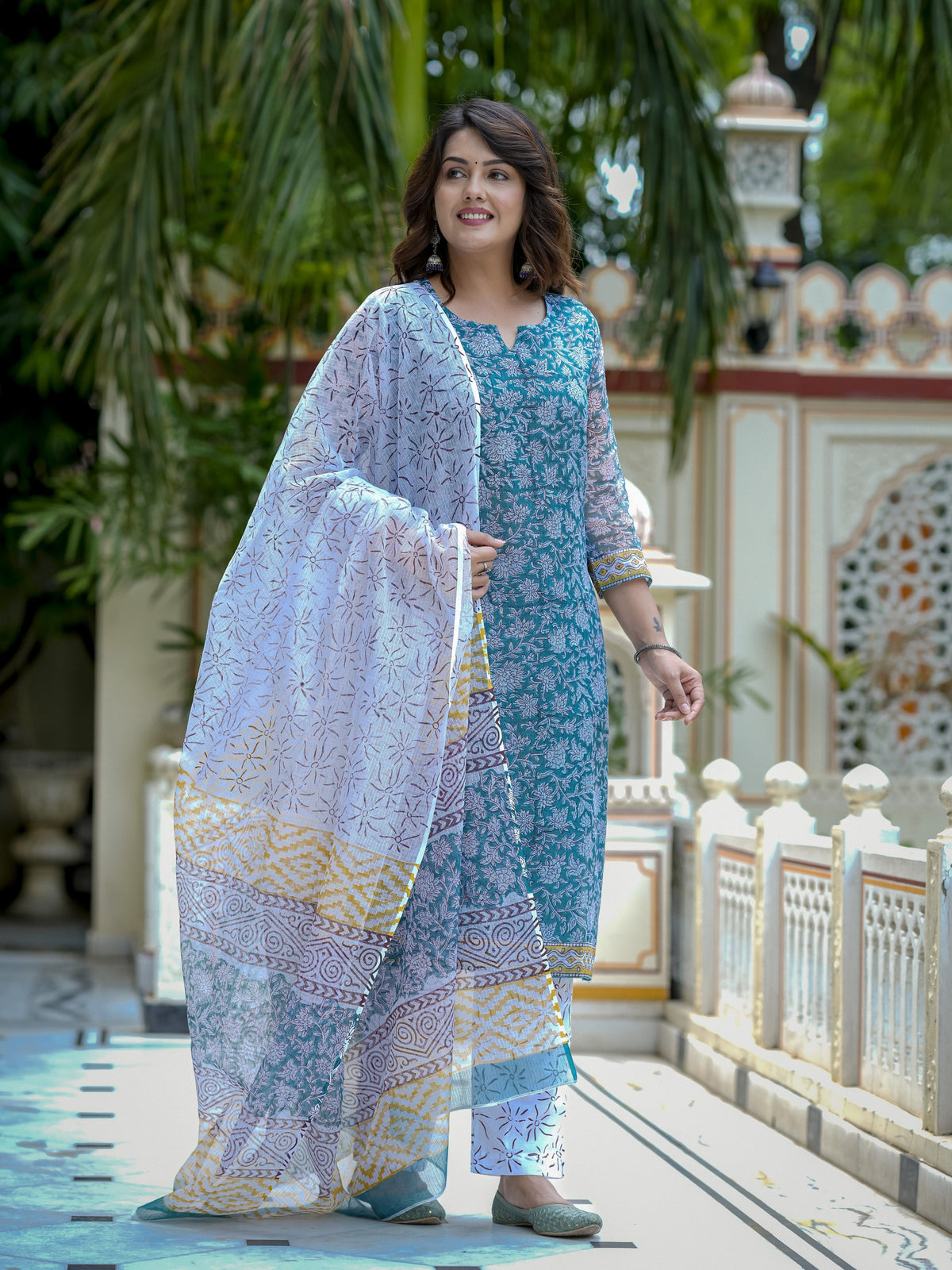 Blue Floral Print Straight Kurta Set for Women - Image 8