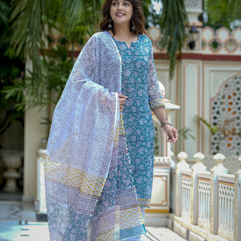 Blue Floral Print Straight Kurta Set for Women - Image 8