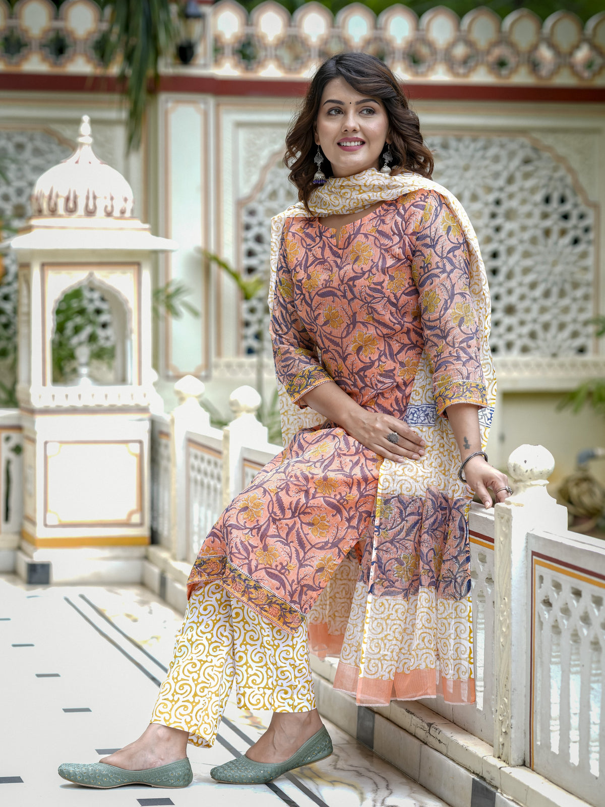 Peach Printed Straight Kurta Set for Women - Image 6