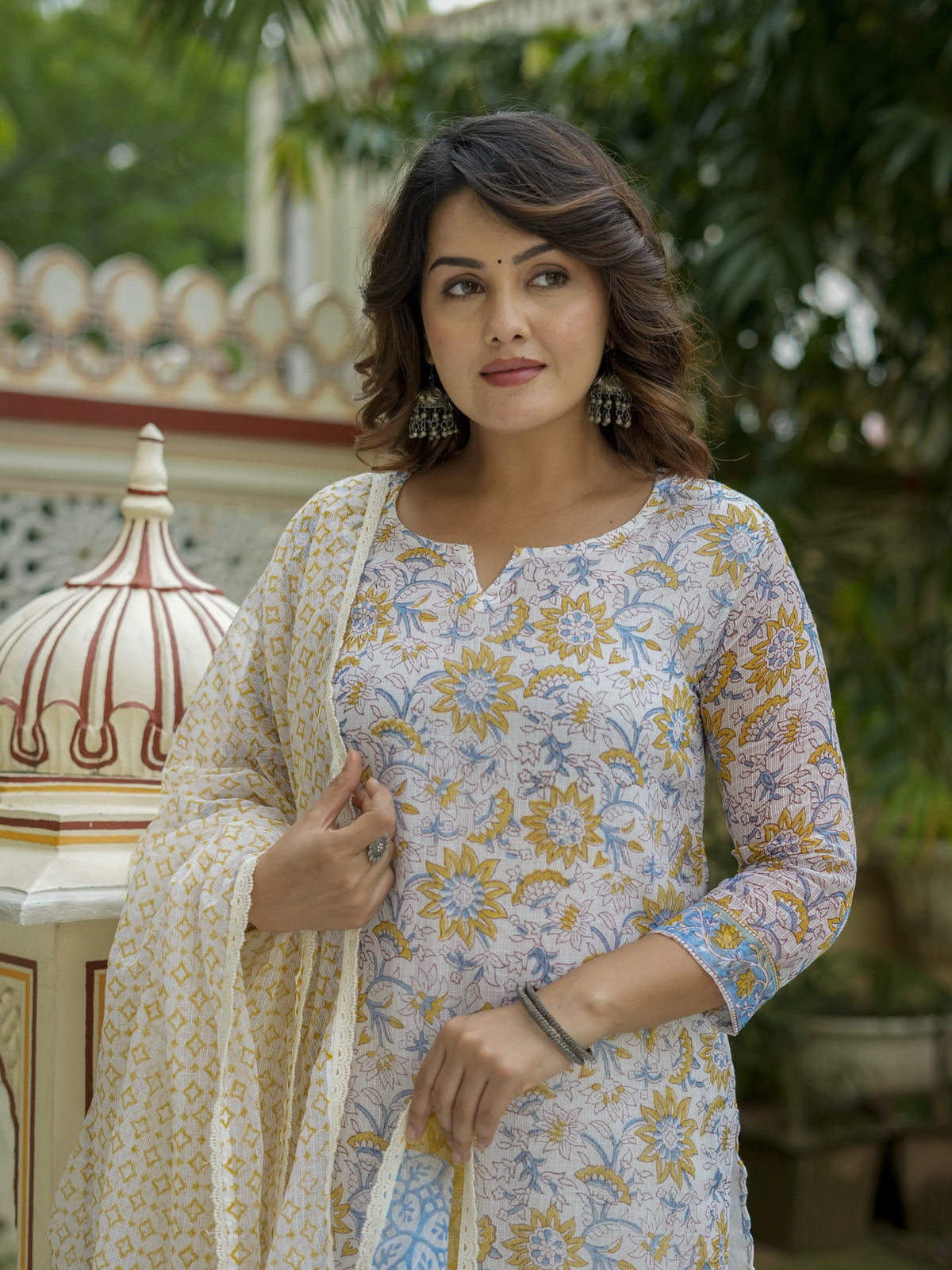 White Floral Print Straight Suit Set for Women - Image 2