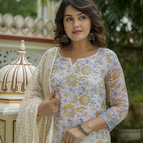 White Floral Print Straight Suit Set for Women - Image 2
