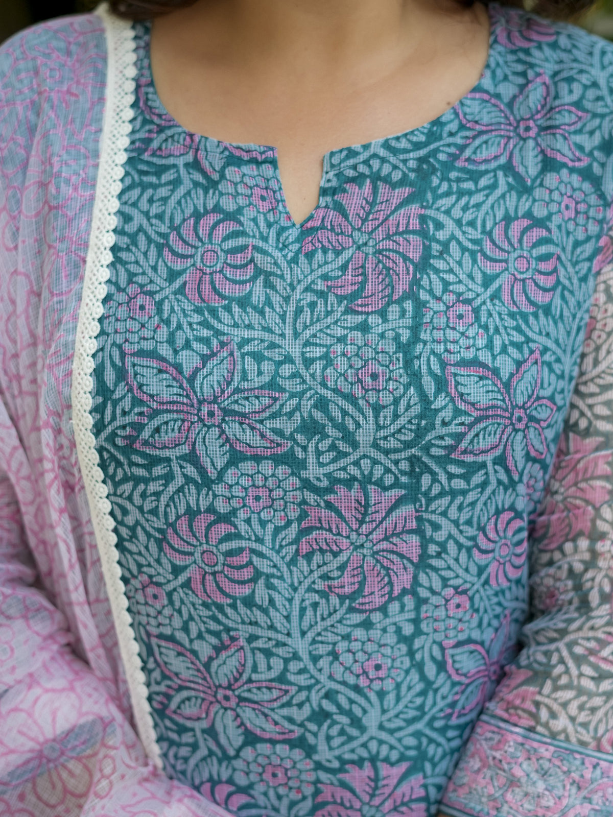 Teal Floral Print Straight Kurta Set for Women - Image 7