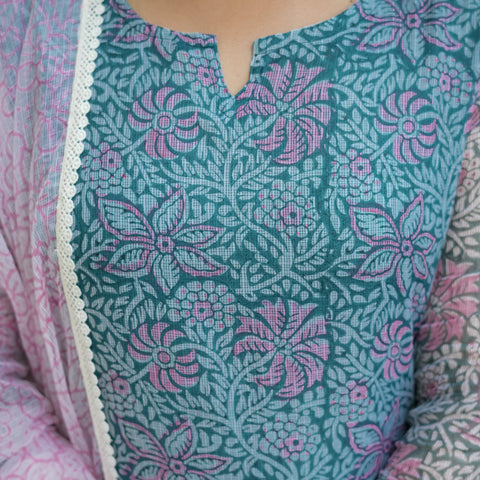 Teal Floral Print Straight Kurta Set for Women - Image 7