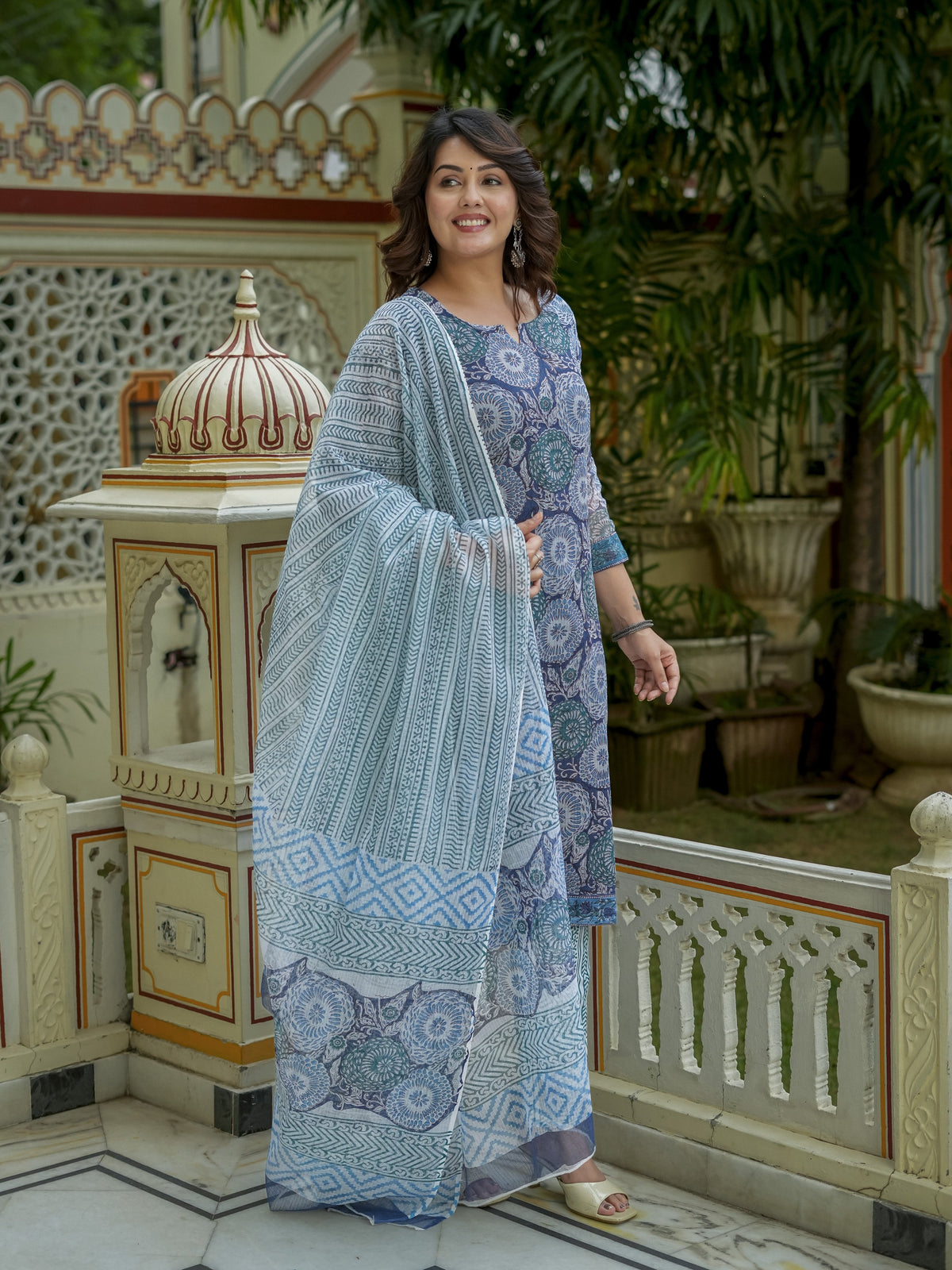 Blue Printed Kurta Dupatta Set For Women - Image 9