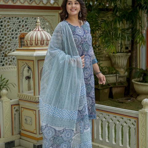 Blue Printed Kurta Dupatta Set For Women - Image 9