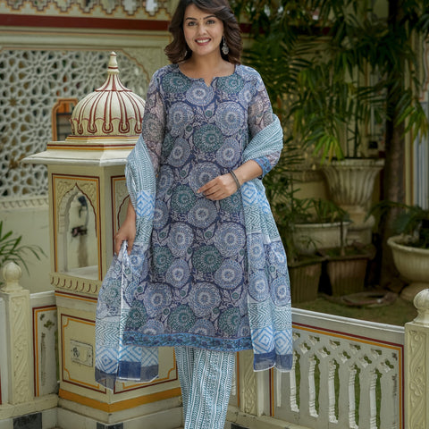 Blue Printed Kurta Dupatta Set For Women - Image 5