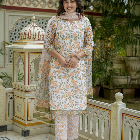 White Floral Print Straight Kurta Set for Women - Image 9