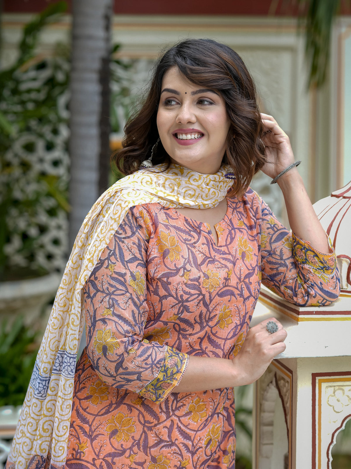 Peach Printed Straight Kurta Set for Women - Image 3