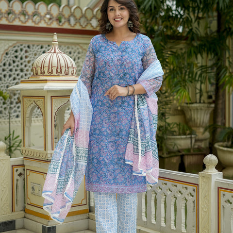 Blue Printed Straight Kurta Set for Women - Image 7