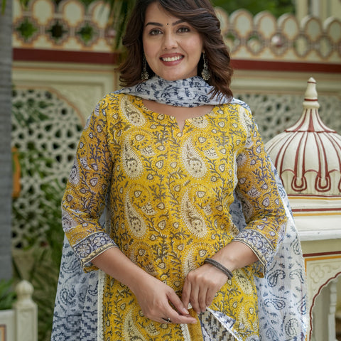 Mustard Printed Kurta Set With Dupatta for Women - Image 10