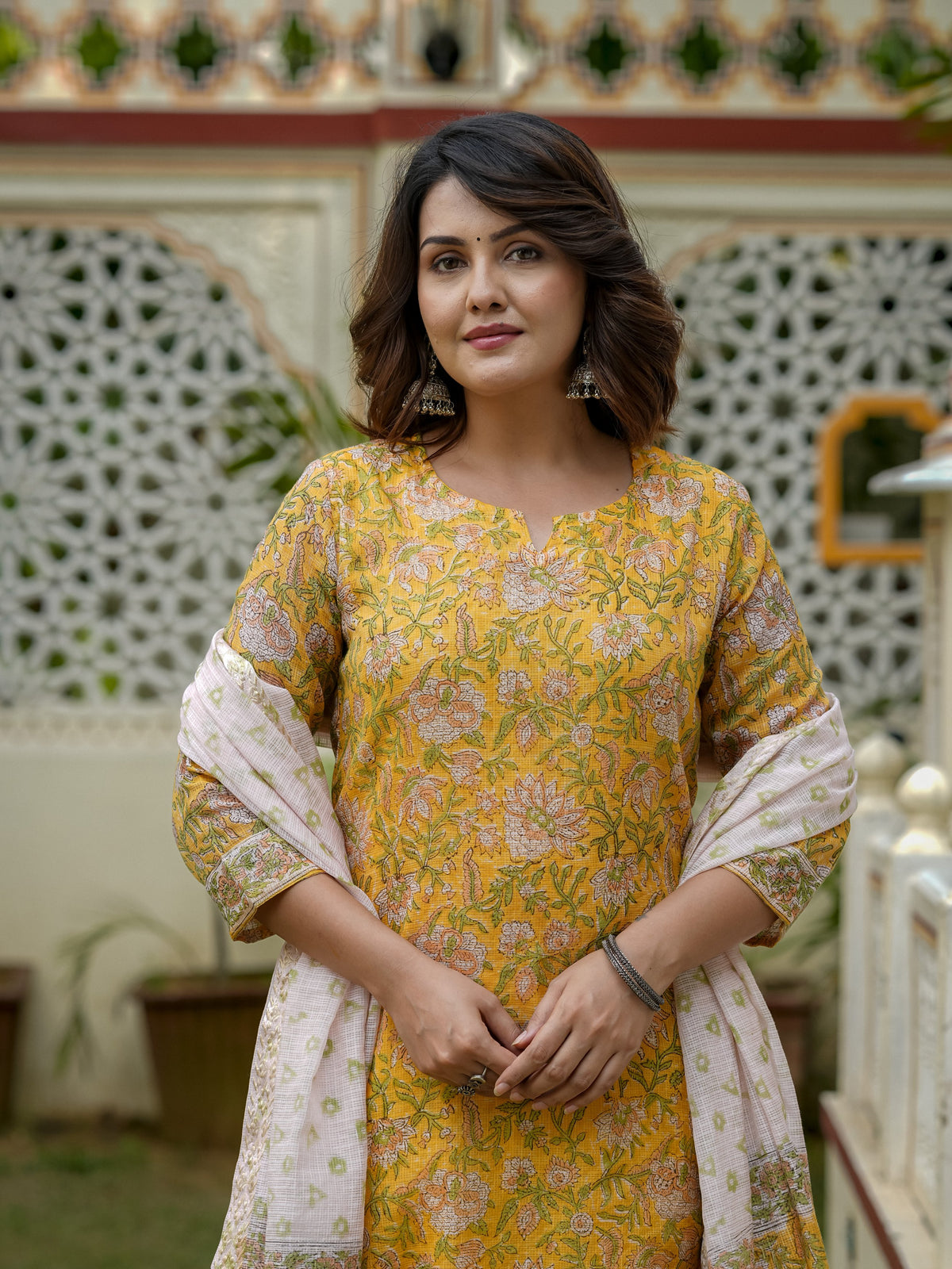 Yellow Floral Printed Kurta Set With Dupatta For Women - Image 3