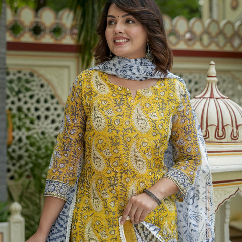 Mustard Printed Kurta Set With Dupatta for Women - Image 2
