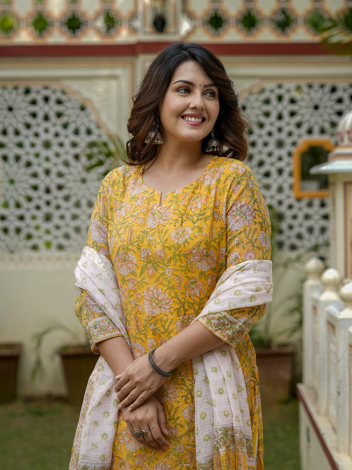 Yellow Floral Printed Kurta Set With Dupatta For Women - Image 2