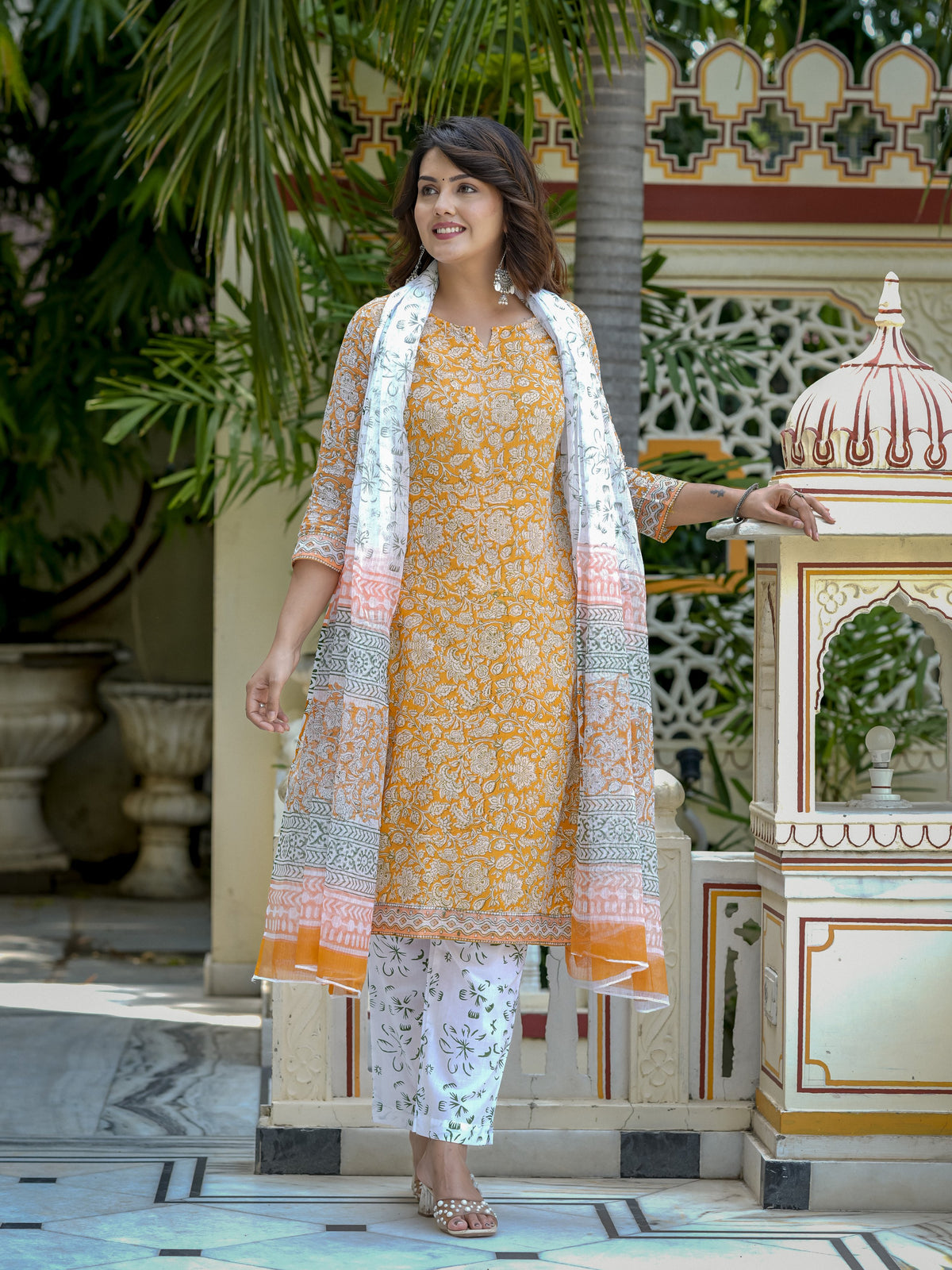 Orange Printed Kurta Set for Women - Image 6